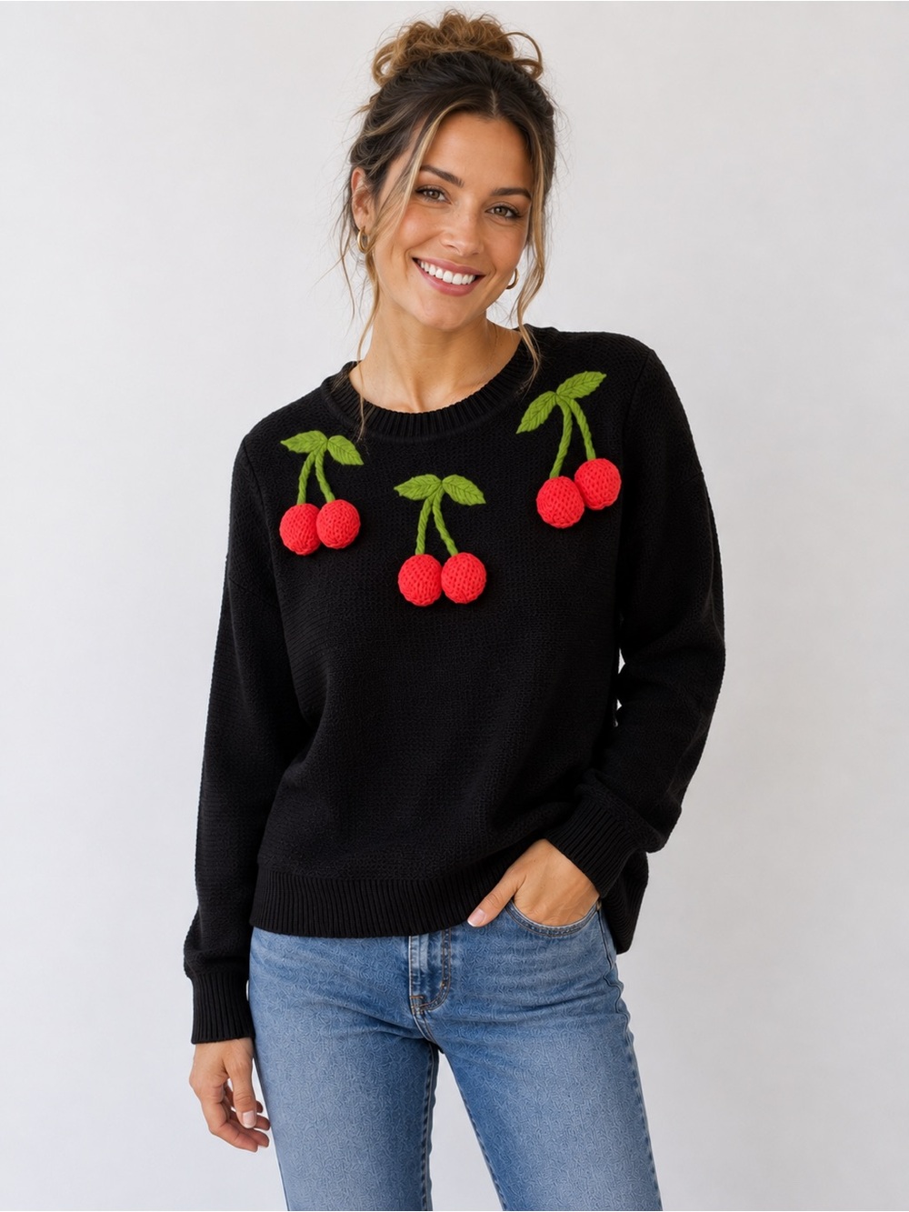 ASOS Black Crewneck Waffle Knit Sweater Red Knit Cherry Crochet Appliqués Detail